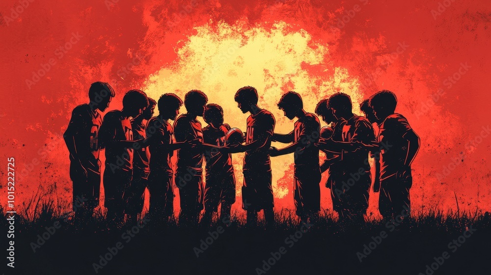 Teamwork Unity: Minimalist Graphic Poster of High School Football Team Huddle in Retro Line Art Illustration Teamwork Unity: Minimalist Graphic Poster of High School Football Team Huddle in Retro Line Art Illustration