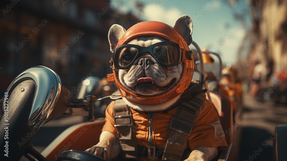Close-up of a funny french bulldog with goggles in a pedal car Close-up of a funny french bulldog with goggles in a pedal car