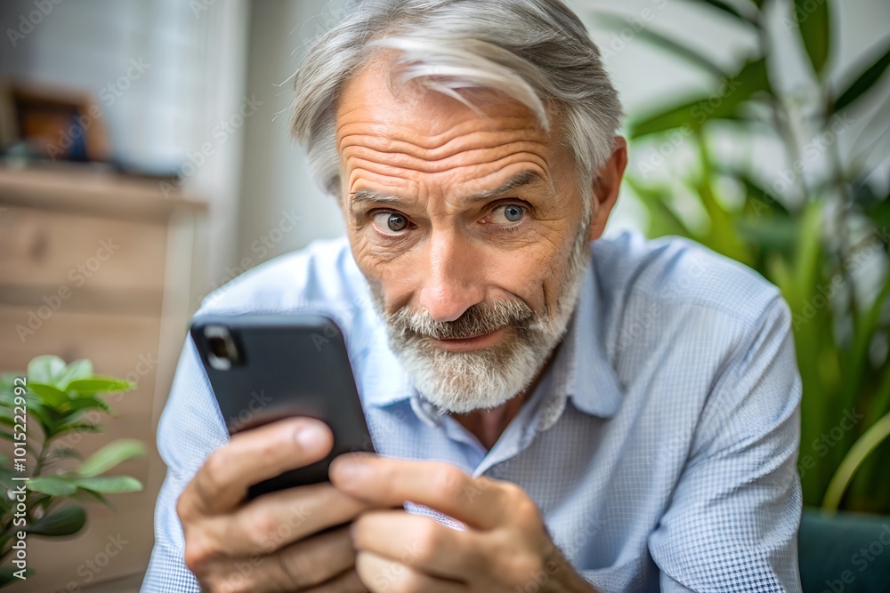Mature Man Using Smartphone with a Curious Expression Mature Man Using Smartphone with a Curious Expression