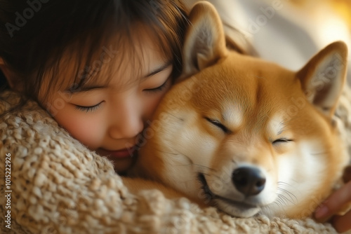 A young Asian girl warmly hugging a Shiba dog at home against an autumn backdrop. 