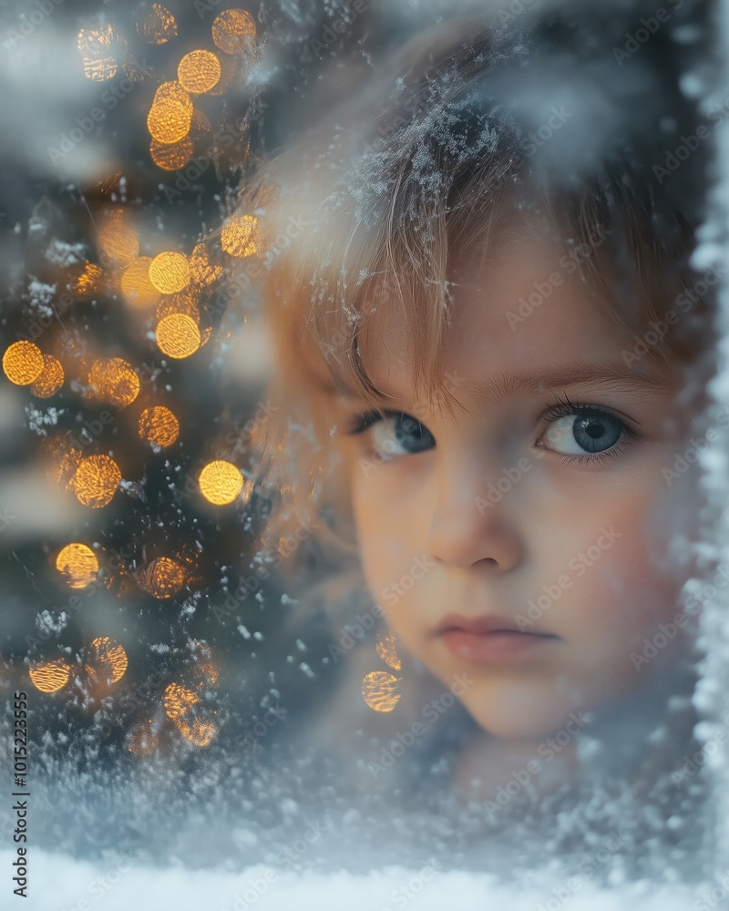 A child gazing out of a frosted window, surrounded by soft Christmas lights. A child gazing out of a frosted window, surrounded by soft Christmas lights.