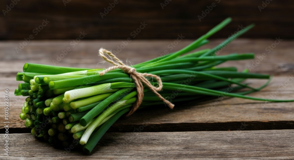 Fresh Green Onions Tied with Twine on Rustic Wooden Surface Fresh Green Onions Tied with Twine on Rustic Wooden Surface
