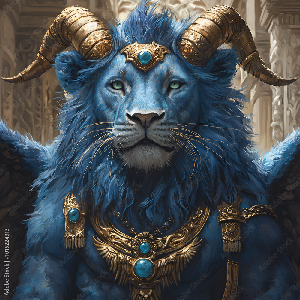 Majestic blue lion with golden horns and royal adornments in fantasy portrait  

