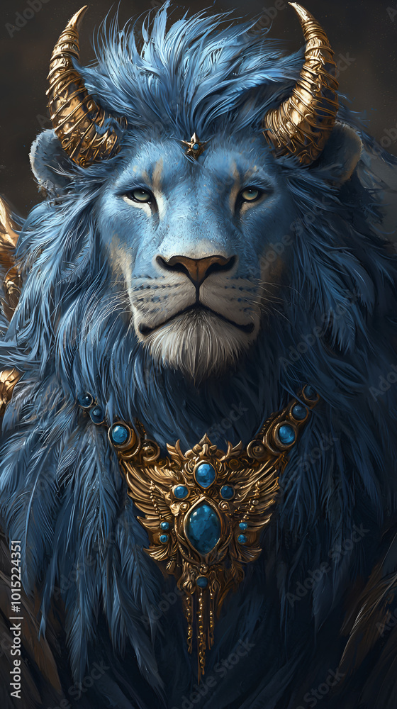 Majestic blue lion with golden horns and royal adornments in fantasy portrait
Majestic blue lion with golden horns and royal adornments in fantasy portrait