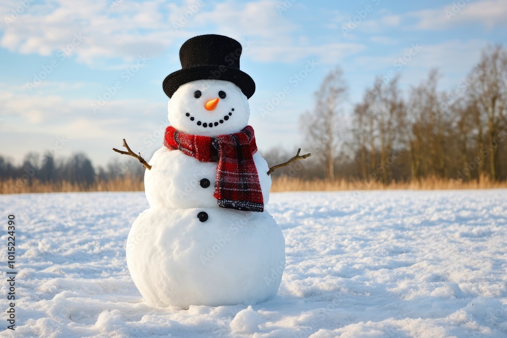 A snowman with a smiling face and dressed in a black hat and red scarf is situated in a snowy landscape under clear skies A snowman with a smiling face and dressed in a black hat and red scarf is situated in a snowy landscape under clear skies