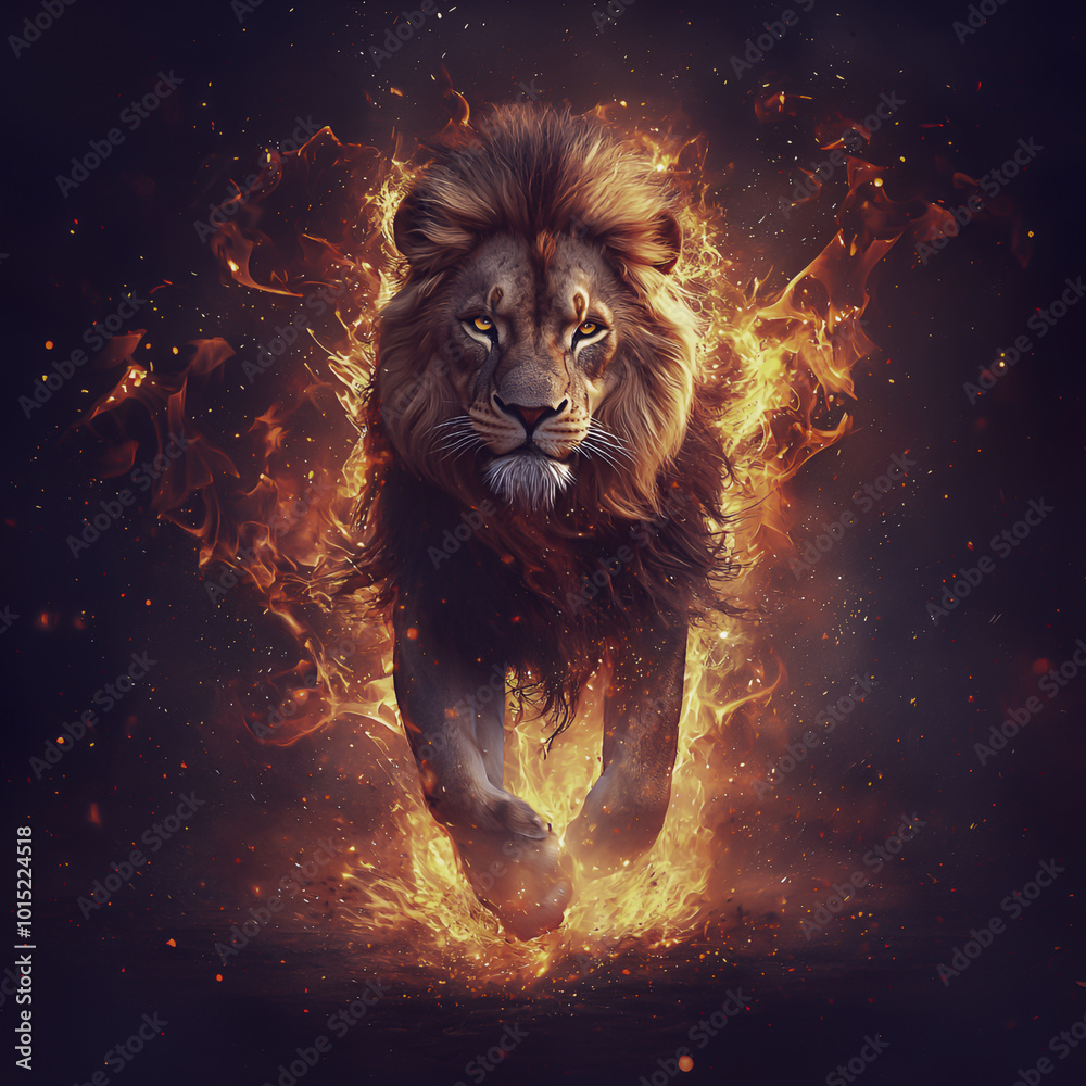 Naklejka premium Lion engulfed in flames, running fiercely with fire trailing from its mane. 