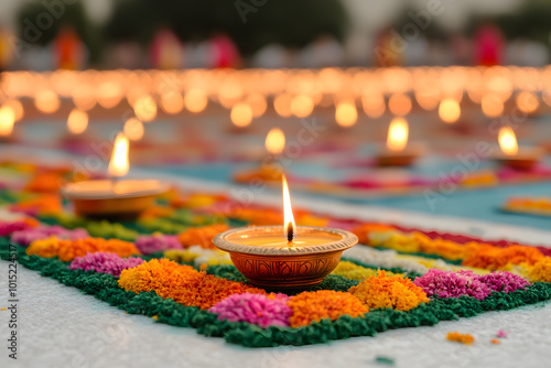 Colourful Diyas Illuminating a Festive Rangoli Design | Vibrant Lights and Intricate Patterns Celebrating Diwali Traditions photo