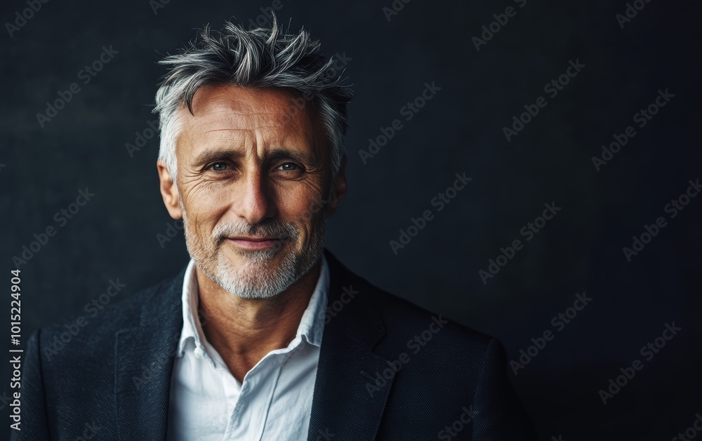 Fototapeta premium A friendly older man with gray hair and a beard stands smiling, dressed in a blazer over a button-up shirt, exuding confidence
