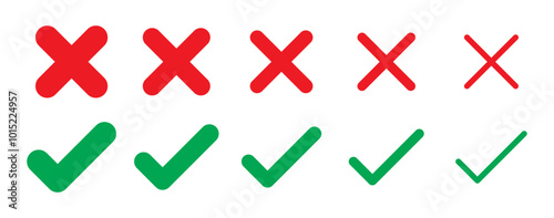 Tick and cross mark set rounded style with various stoke thickness in red and green color. Check mark icon button set. right and wrong signs and yes or no checkmark icons. Vector illustration.