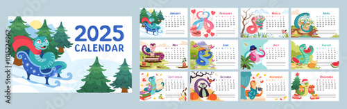 2025 calendar with cute snake vector illustrations for each month. 12 horizontal pages with Chinese New Year symbol. Colorful and playful snake characters representing different seasons and holidays.