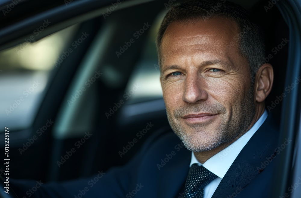 A well-dressed man with a confident expression sits in a car, enjoying a sunny day in the city A well-dressed man with a confident expression sits in a car, enjoying a sunny day in the city
