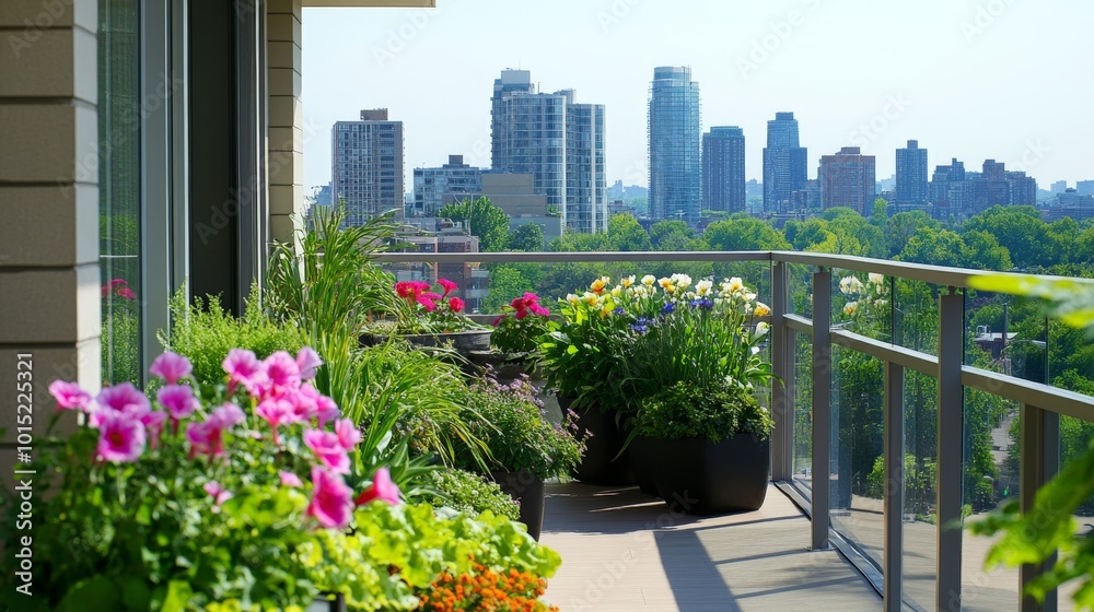 Fototapeta premium Blooming Balcony with Urban Skyline in the Background