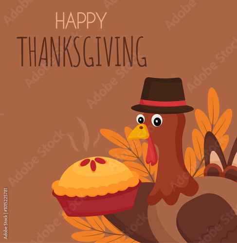 Thanksgiving greeting card with a turkey bird holding a piece of cake. Festive holiday illustration photo