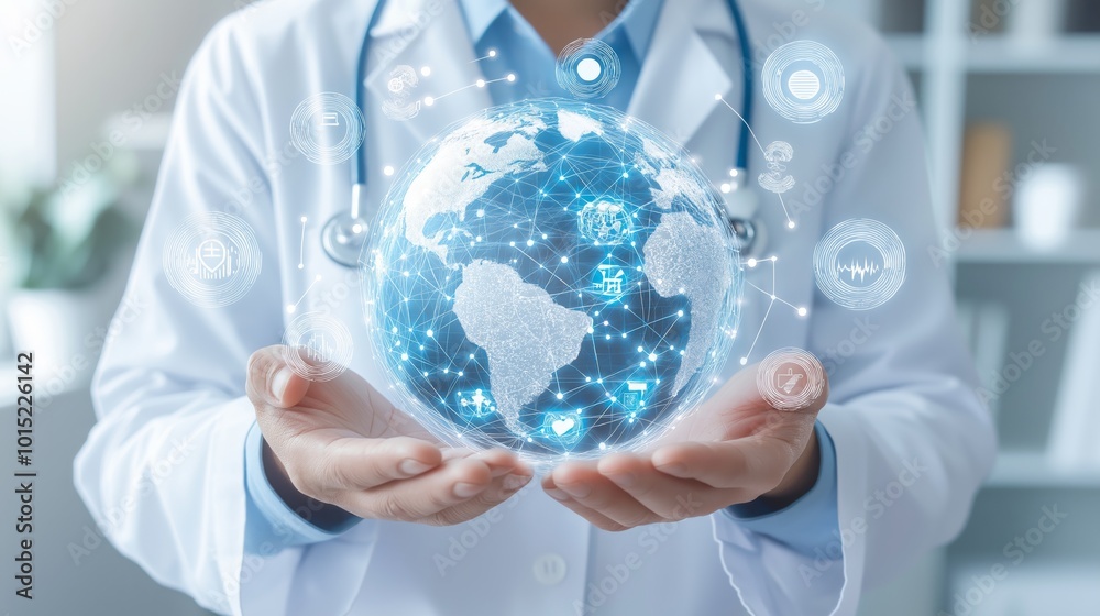 Doctor holding a digital globe hologram representing global health care, ideal for healthcare and tech ads Doctor holding a digital globe hologram representing global health care, ideal for healthcare and tech ads