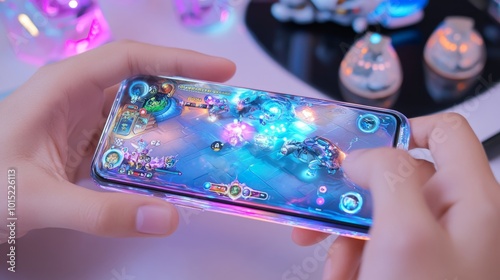 Close-up of hands playing a mobile game on a smartphone with neon colors, perfect for tech and gaming advertisements. photo