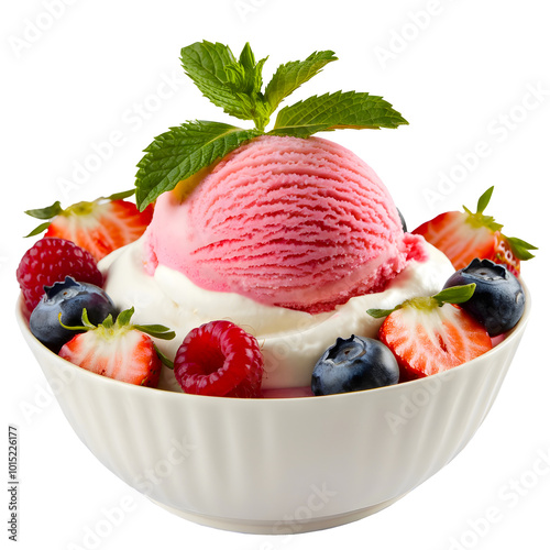 A bowl of various fruits and ice cream isolated on transparent background