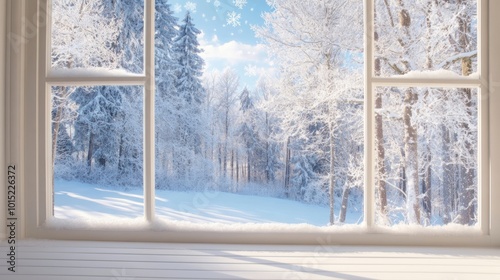Snowy winter forest view from cozy window with frost on glass