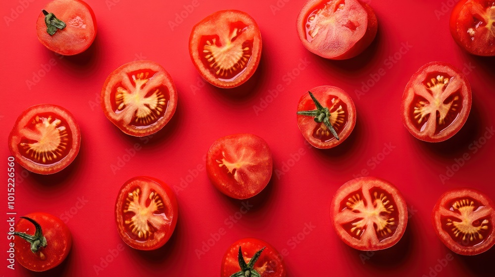 Fototapeta premium A flat lay of sliced red tomatoes on a bright red background.