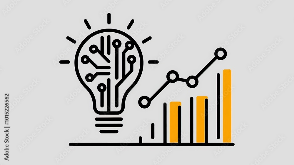 An abstract illustration of a tech symbol with a light bulb, circuit board, and a rising graph, symbolizing creativity, technology, progress, and innovation An abstract illustration of a tech symbol with a light bulb, circuit board, and a rising graph, symbolizing creativity, technology, progress, and innovation