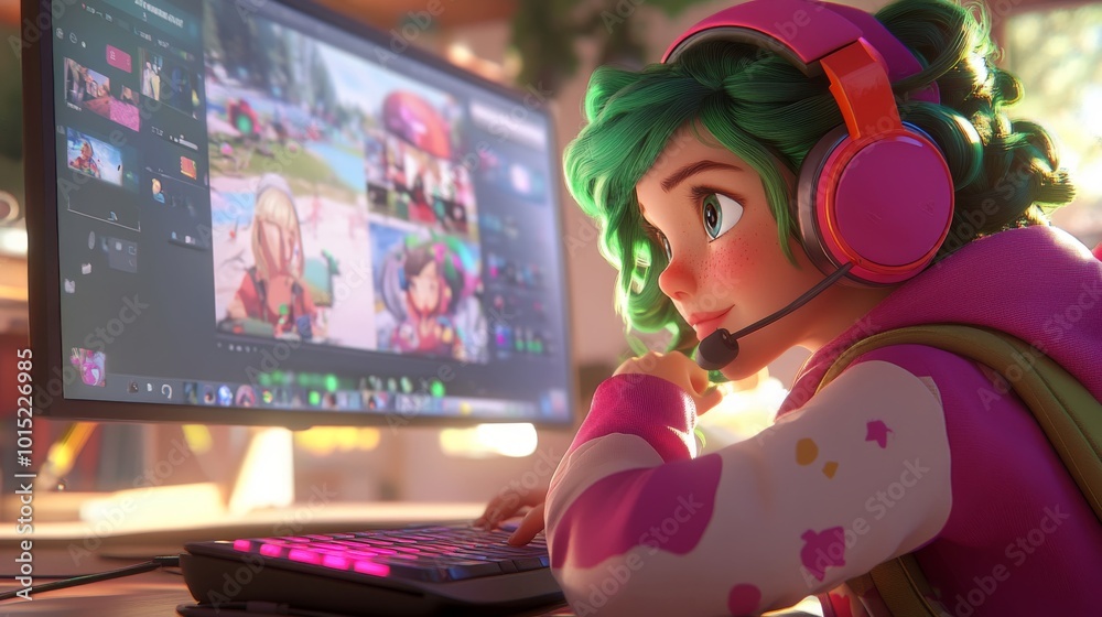 Animated character with green hair focused on playing a multiplayer game in a colorful gaming setup with neon accents Animated character with green hair focused on playing a multiplayer game in a colorful gaming setup with neon accents