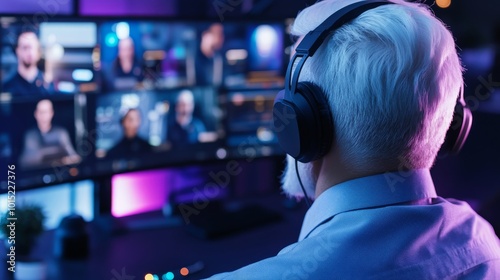 Man with headphones attending a virtual meeting with multiple participants on screen, back view