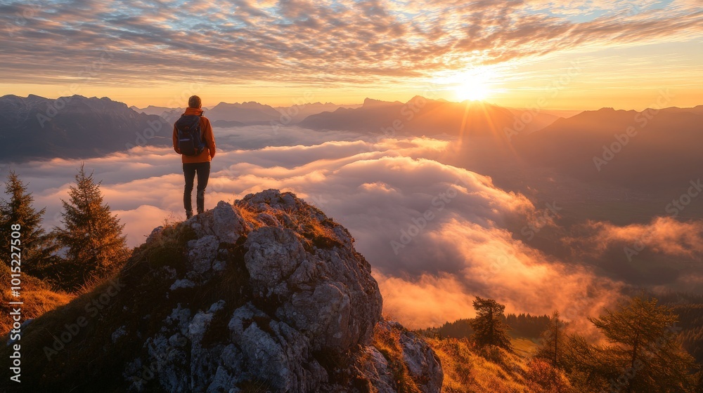 Breathtaking Sunset Hike: Silhouette of a Lone Adventurer Overlooking a Sea of Clouds Breathtaking Sunset Hike: Silhouette of a Lone Adventurer Overlooking a Sea of Clouds