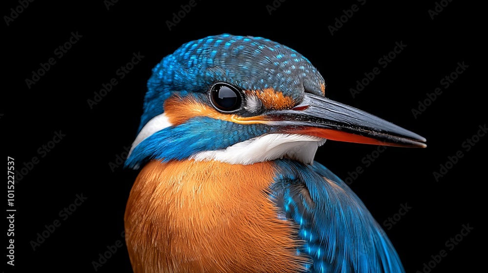 Fototapeta premium Close-up portrait of a vibrant kingfisher bird with blue and orange feathers against a black background