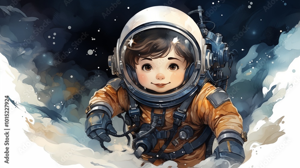 Collection of PNG. Little astronaut floating in deep space wearing a full cosmonaut suit, watercolor illustration. Character for children's illustration book isolated on a transparent background.