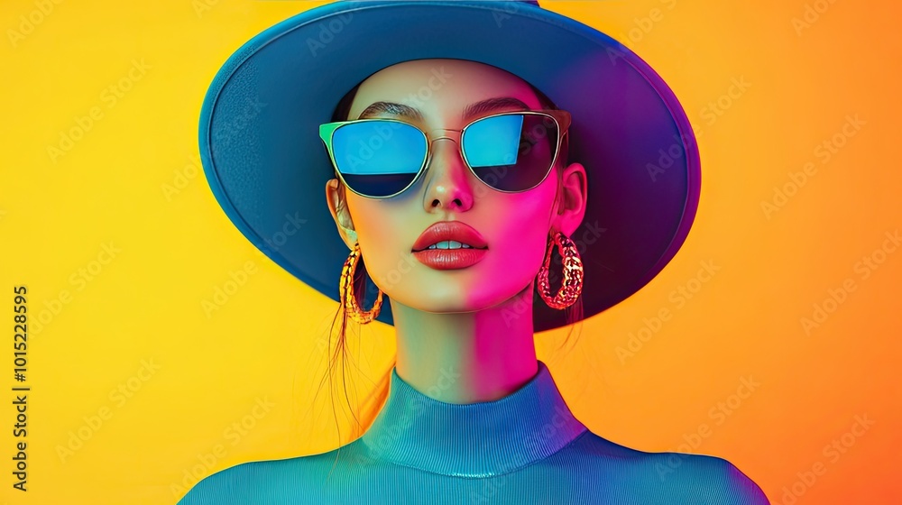 Fashionable woman in blue hat and sunglasses posing against a vibrant yellow background. Fashionable woman in blue hat and sunglasses posing against a vibrant yellow background.
