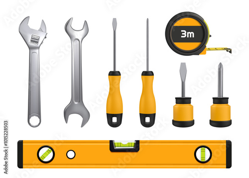 3D tools. Repair instrument. Steel wrench. Spanner and mechanic screwdriver. Metal key for building fix. Work service. Carpentry workshop. Construction equipment. Vector industrial set