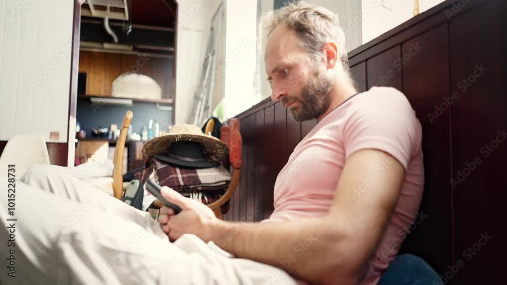 A bearded man sits at home in the morning, engrossed in his mobile phone as he enthusiastically reads the news. His expressions convey interest and excitement about what he's discovering A bearded man sits at home in the morning, engrossed in his mobile phone as he enthusiastically reads the news. His expressions convey interest and excitement about what he's discovering