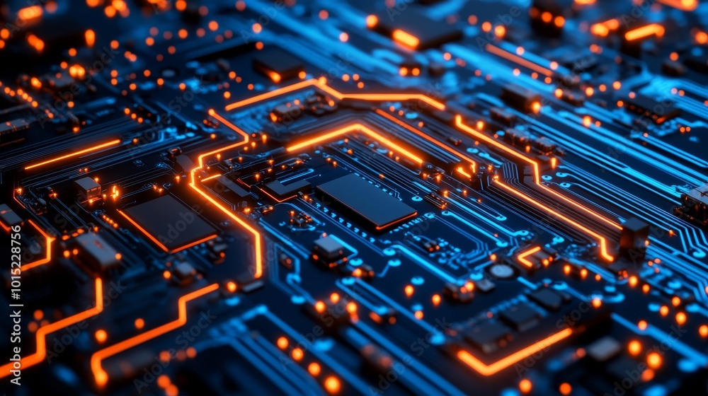 Futuristic Circuit Board With Glowing Orange Lines, Modern Technology And Data Processing Concept Futuristic Circuit Board With Glowing Orange Lines, Modern Technology And Data Processing Concept