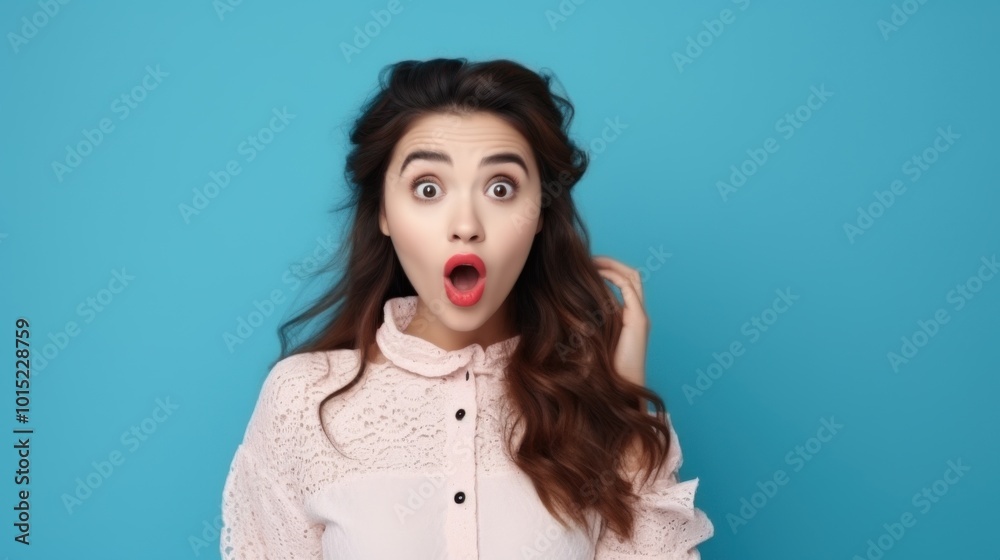 A young individual with an expressive surprised look stands before a vibrant blue backdrop, embodying playful fashion. A young individual with an expressive surprised look stands before a vibrant blue backdrop, embodying playful fashion.