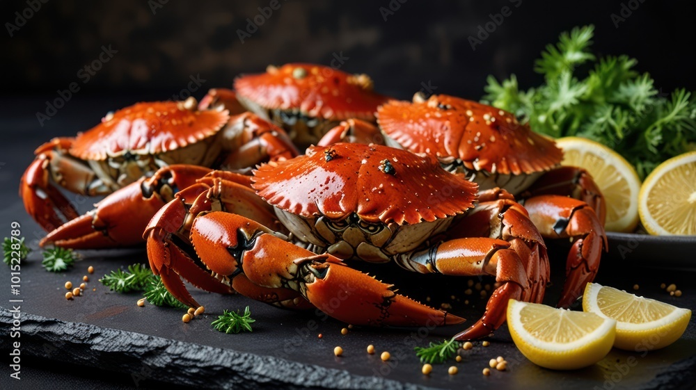 Close-up of four cooked red crabs with lemon wedges and herbs on a black slate. Close-up of four cooked red crabs with lemon wedges and herbs on a black slate.