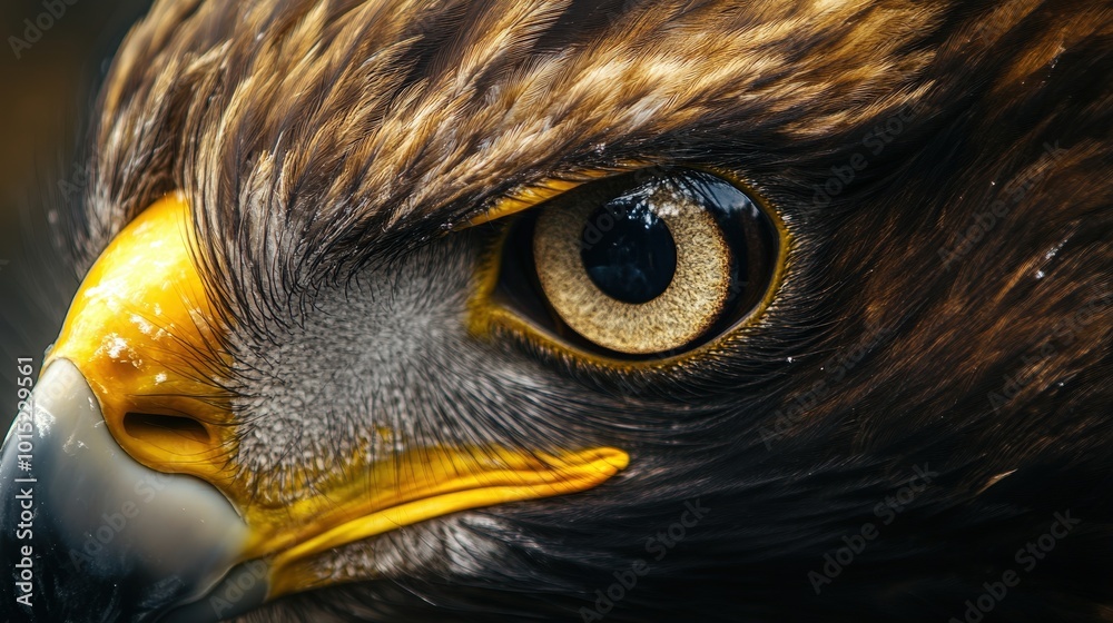 Extreme close-up of a majestic eagle's eye with detailed feathers and sharp yellow beak in focus Extreme close-up of a majestic eagle's eye with detailed feathers and sharp yellow beak in focus