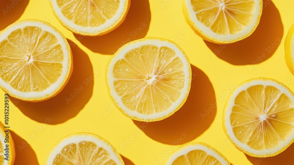 A flat lay of sliced lemons on a bright yellow background. A flat lay of sliced lemons on a bright yellow background.