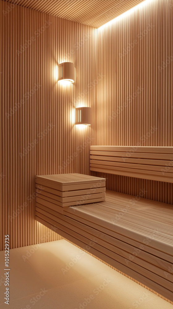 Modern wooden sauna with ambient lighting and minimalist design elements