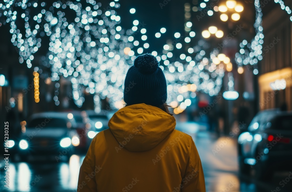 A person gazes at bright holiday lights illuminating a lively street, creating a festive atmosphere on a winter evening