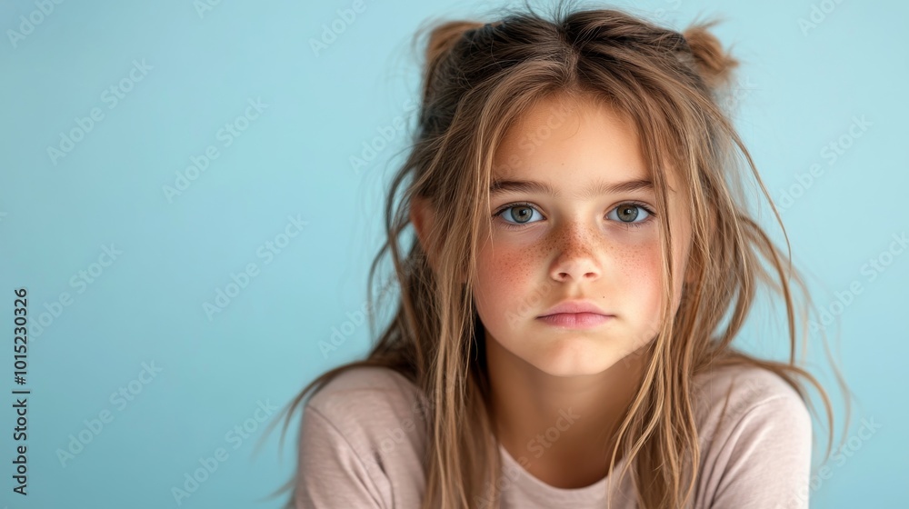A young girl sits quietly, her tousled hair framing her face as she gazes thoughtfully into the distance, suggesting a moment of introspection against a soft blue backdrop A young girl sits quietly, her tousled hair framing her face as she gazes thoughtfully into the distance, suggesting a moment of introspection against a soft blue backdrop