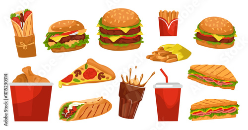 Fast food. Burger, pizza and sandwich. Tasty burrito and chicken, hamburger and potato. Restaurant snacks, takeaway packaging. Sweet cold drinks. Vector cartoon flat style isolated illustration
