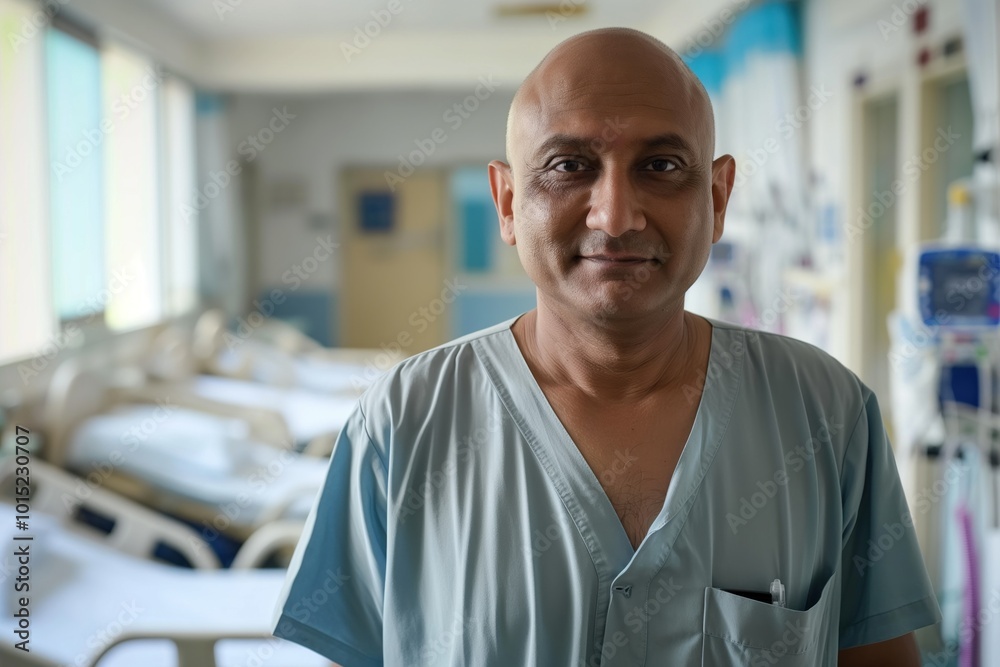 Indian male cancer survivor stands confidently in hospital room. Bald man wears blue scrubs uniform. Medical equipment surrounds him, conveying sense of calm, reassurance. He looks directly at camera. Indian male cancer survivor stands confidently in hospital room. Bald man wears blue scrubs uniform. Medical equipment surrounds him, conveying sense of calm, reassurance. He looks directly at camera.