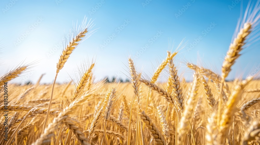 Golden wheat field swaying in the wind under a clear blue sky during a sunny summer day Golden wheat field swaying in the wind under a clear blue sky during a sunny summer day