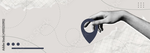 Trendy Halftone Collage Hand holding location pin. Contemporary art with position element. Delivery route. Travel way and find trip. GPS point navigation. Transport logistic. Vector illustration