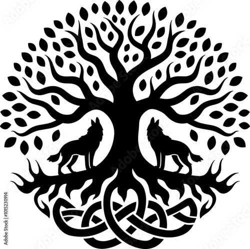 Intricate Tree of Life with Wolves - Celtic-Inspired Black and White Vector Illustration Featuring Wolves, Twisting Roots, and Flourishing Leaves, Ideal for Tattoos, Wall Art, or Digital Downloads.