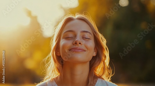 A young woman with her eyes closed, smiling and taking a deep breath, enjoying the golden light of the setting sun in a park, with a relaxed, peaceful expression.