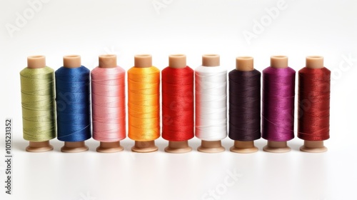 Neatly organized spools of thread in a spectrum of colors, showcasing precision and vibrancy, ideal for crafting and design enthusiasts.