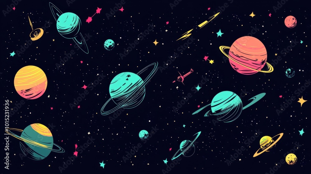 A colorful and vibrant illustration of planets and stars in the night sky. A colorful and vibrant illustration of planets and stars in the night sky.