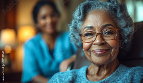 A woman with glasses is smiling and sitting in a chair. A woman in a blue shirt is standing behind her