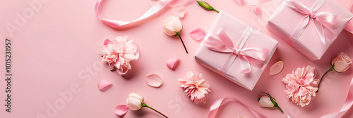 Valentine's day concept. Pink gift box with pink ribbon and flowers on pastel pink background.