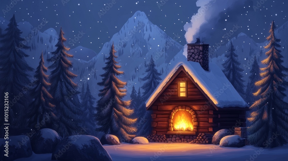 A cozy cabin with a warm fire glowing inside sits nestled in a snowy forest under a starry night sky. A cozy cabin with a warm fire glowing inside sits nestled in a snowy forest under a starry night sky.